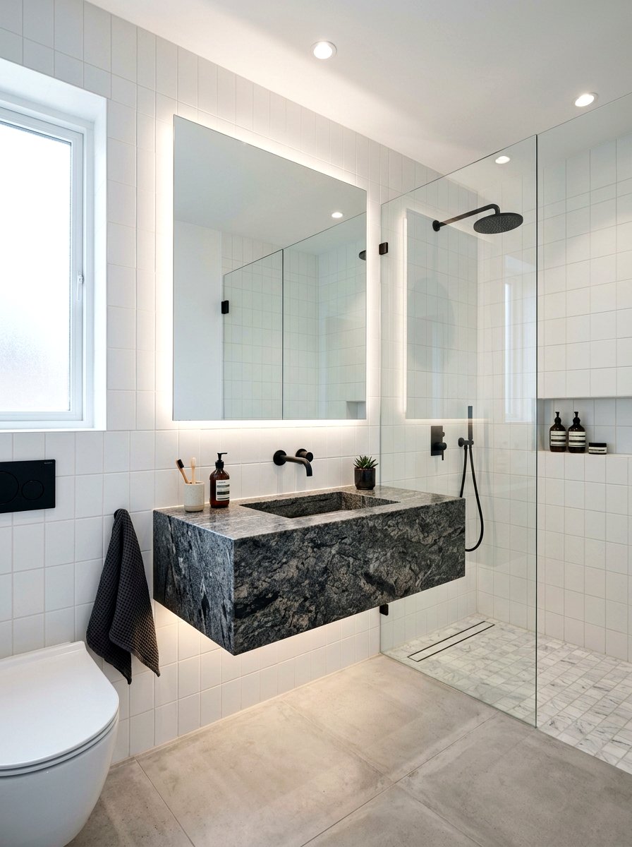 Floating stone bathroom sink - 30 integrated sink countertop ideas