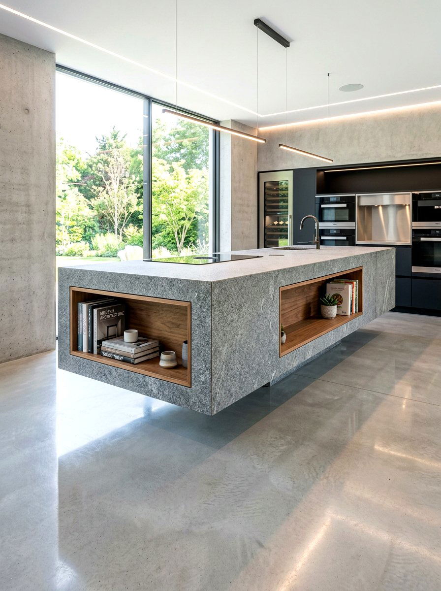 Floating stone island with recessed shelves - 30 island bookshelf ideas