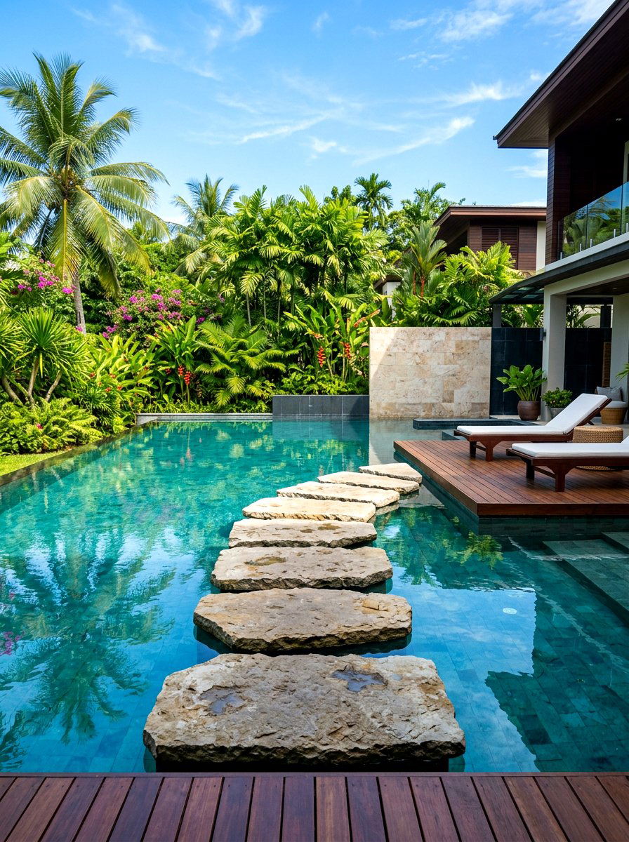 Floating stone steps - 30 tropical pool landscaping ideas