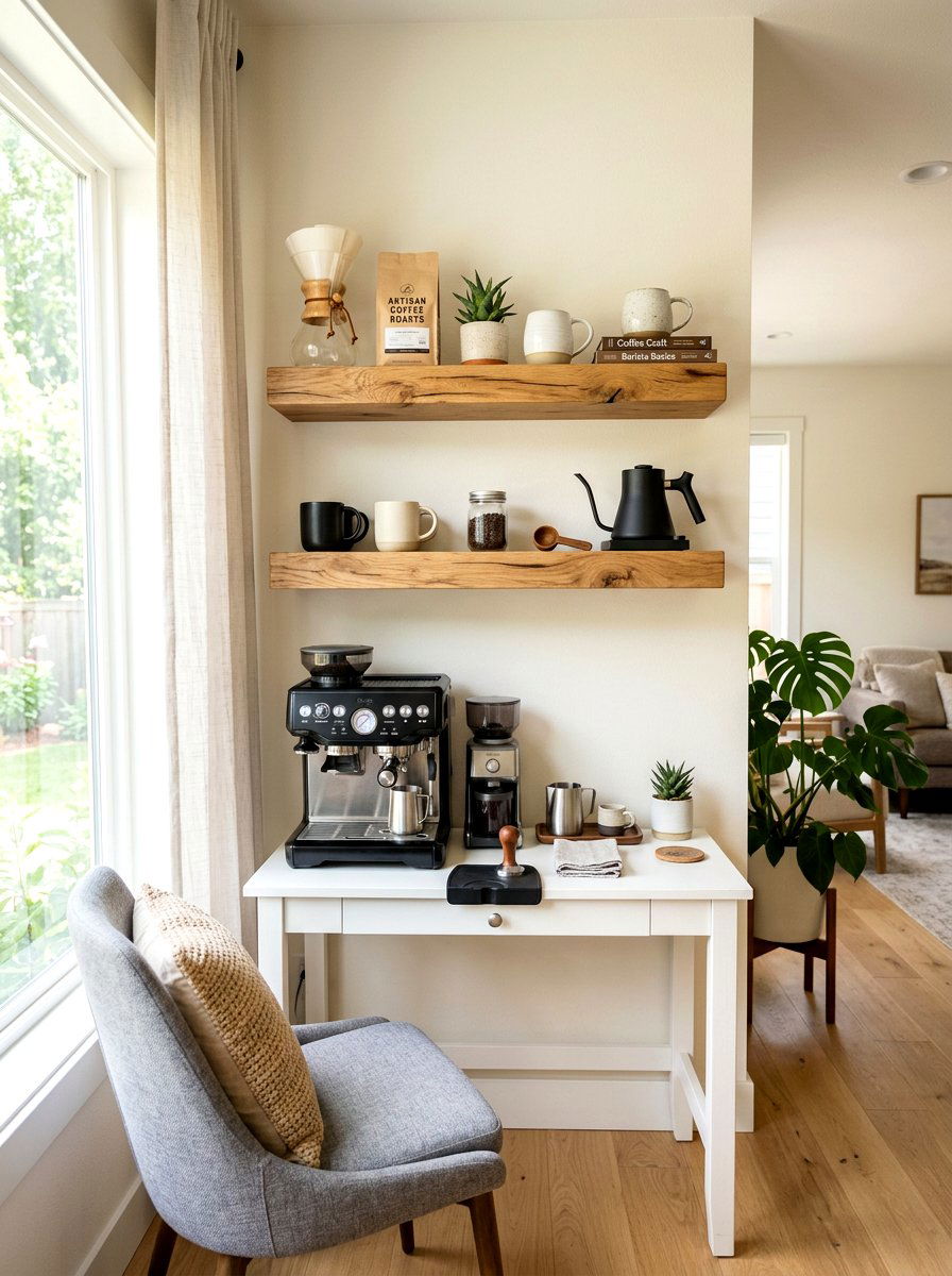 Floating wall shelf coffee nook - 30 office coffee corner ideas
