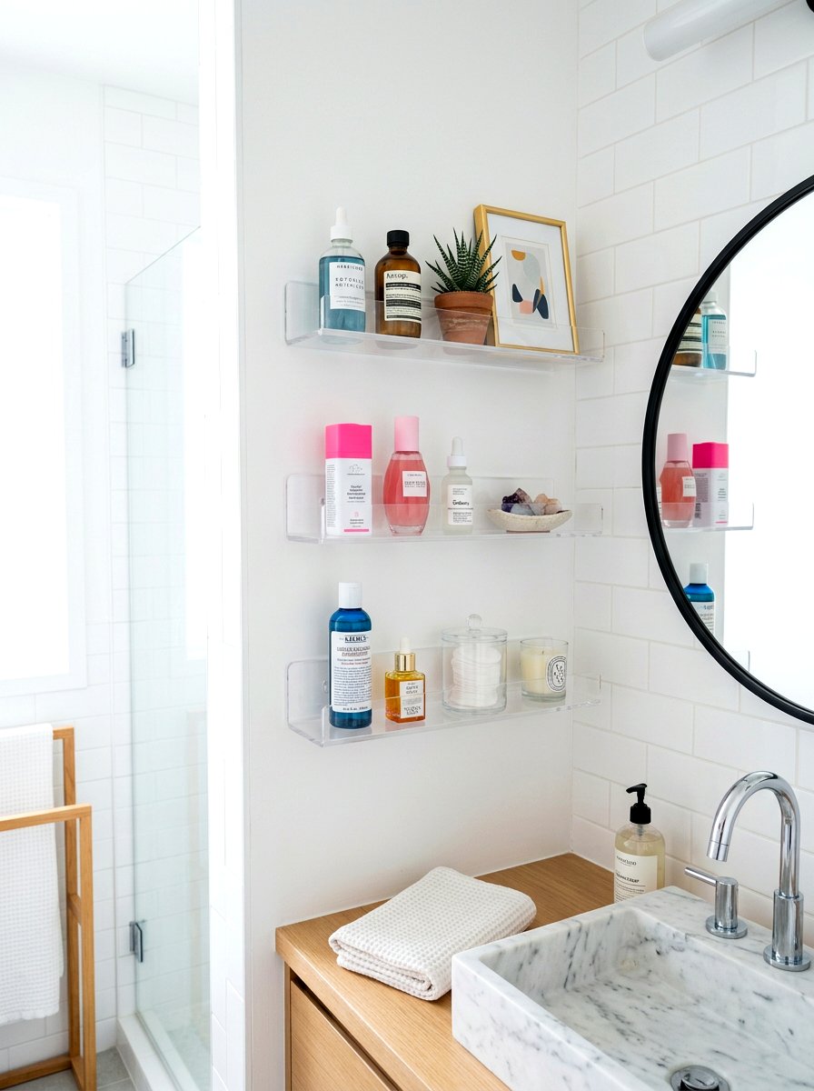 Floating wall shelf no drill - 30 rental bathroom makeover ideas aesthetic