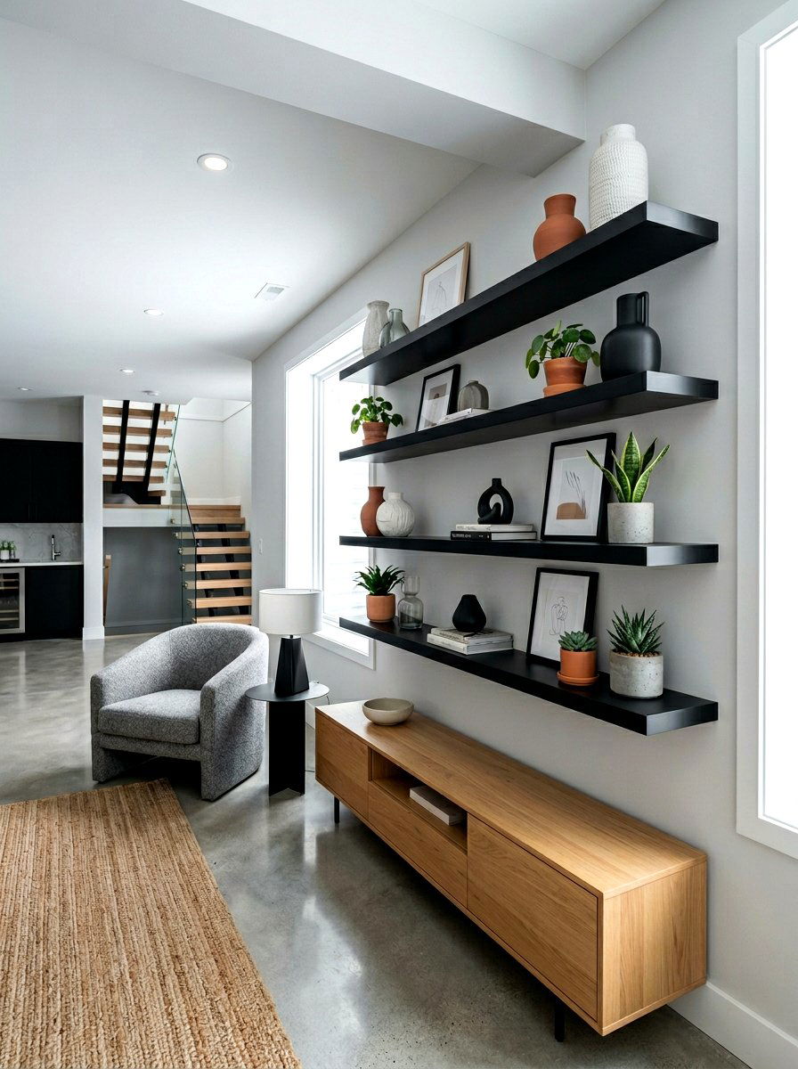 Floating wall shelves - 30 basement storage wall ideas
