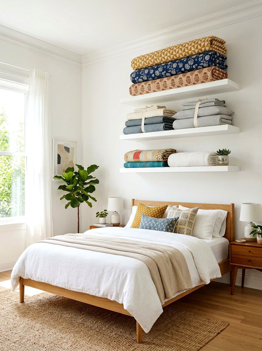 Floating wall shelves - 30 bedding storage ideas