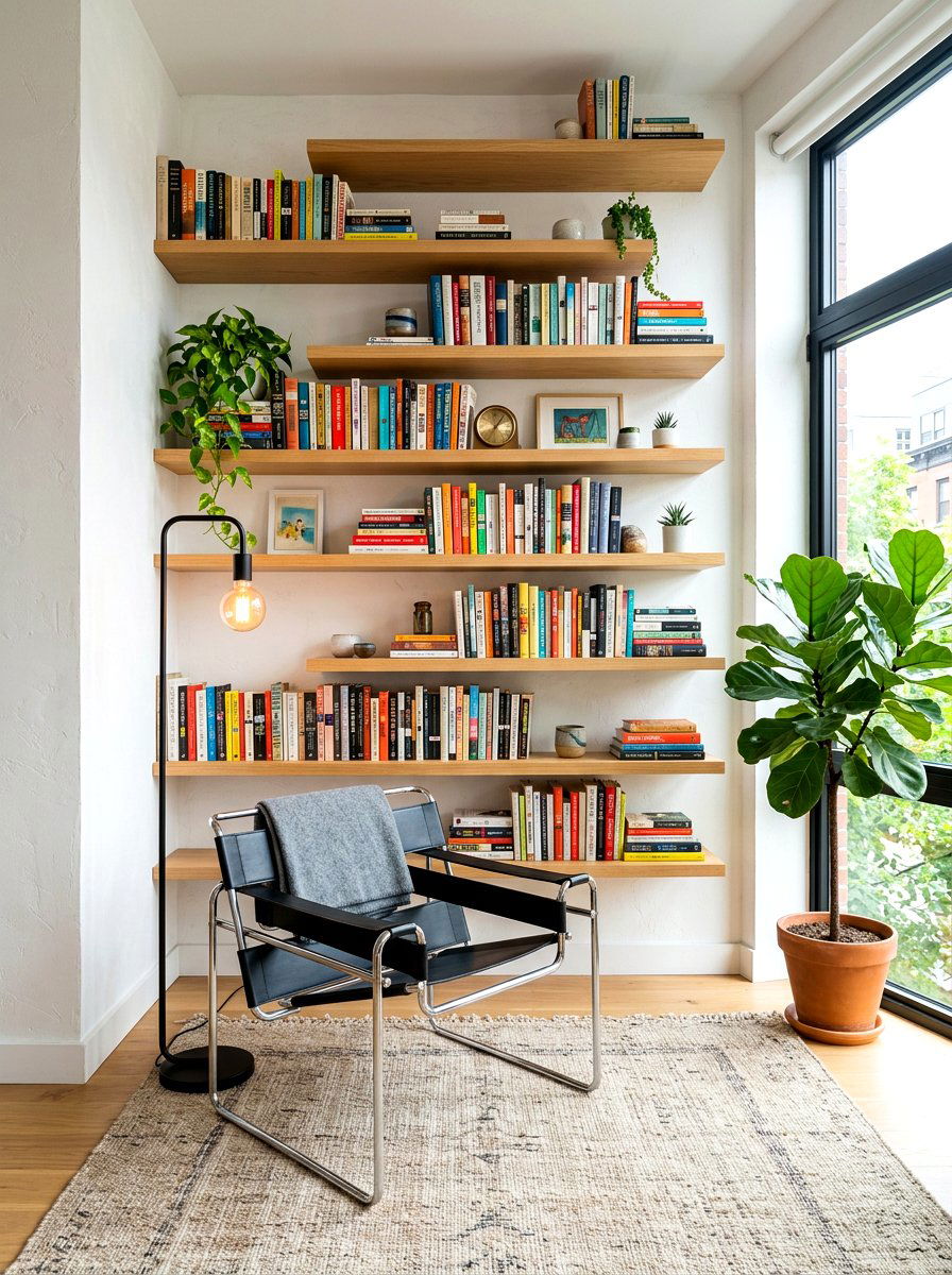 Floating wall shelves nook - 30 bedroom reading corner ideas