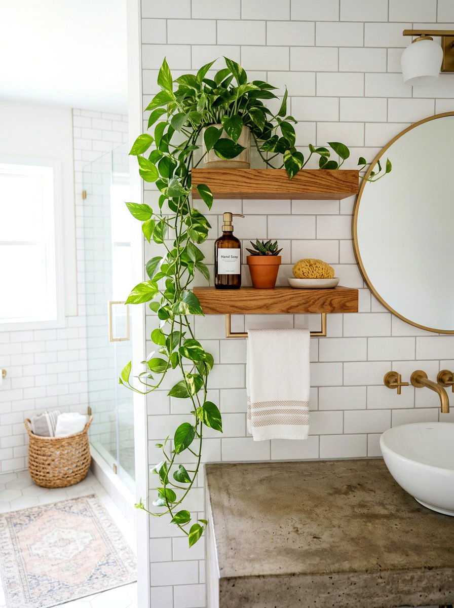 Floating wood bathroom shelf - 30 bathroom plant shelf ideas