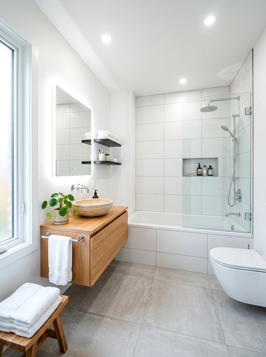 Floating wood bathroom vanity - 30 alcove tub styling ideas