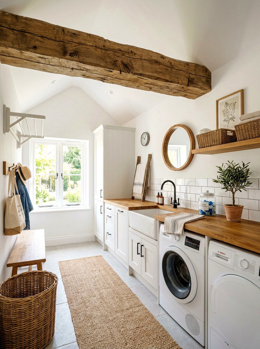 Floating wood beam laundry room - 30 farmhouse laundry room ideas