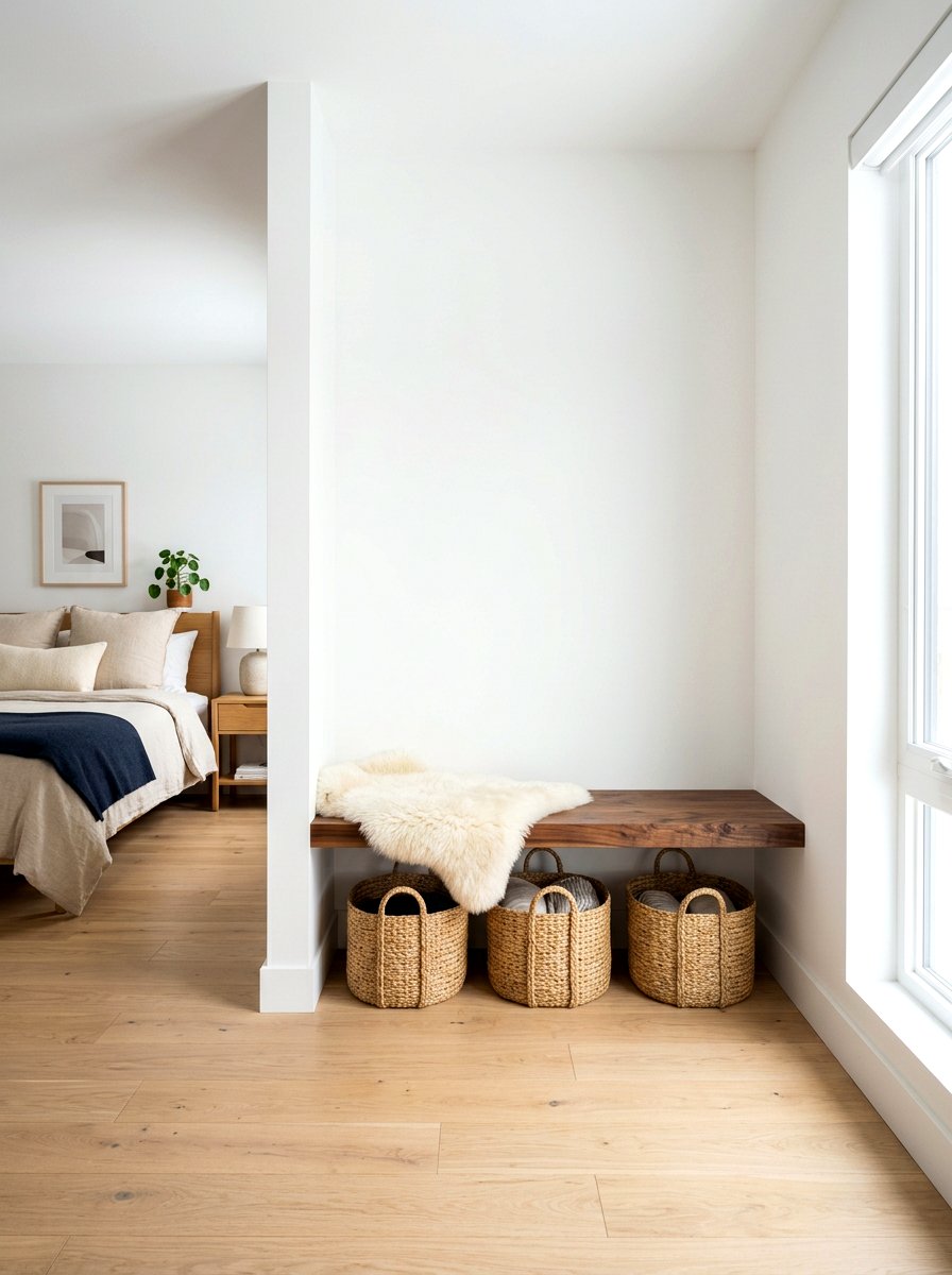 Floating wood bench - 30 bedroom alcove seating ideas