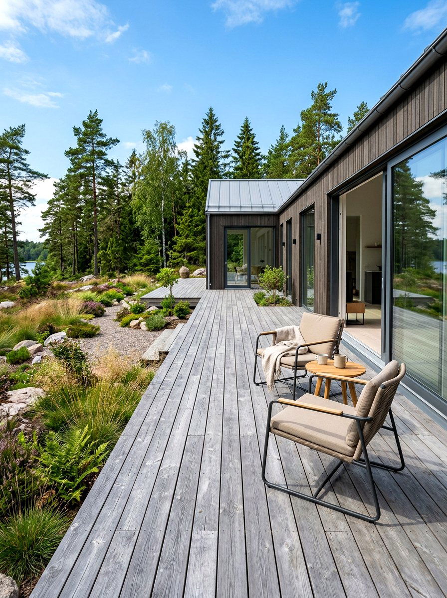 Floating wood deck Scandinavian house - 30 Scandinavian house exterior ideas