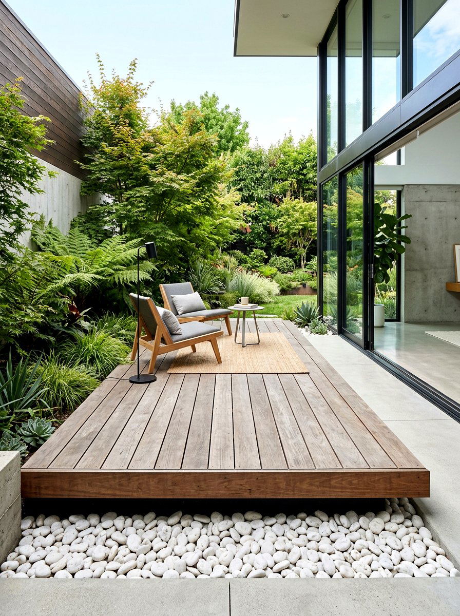 Floating wood deck layout - 30 warm minimalist patio ideas