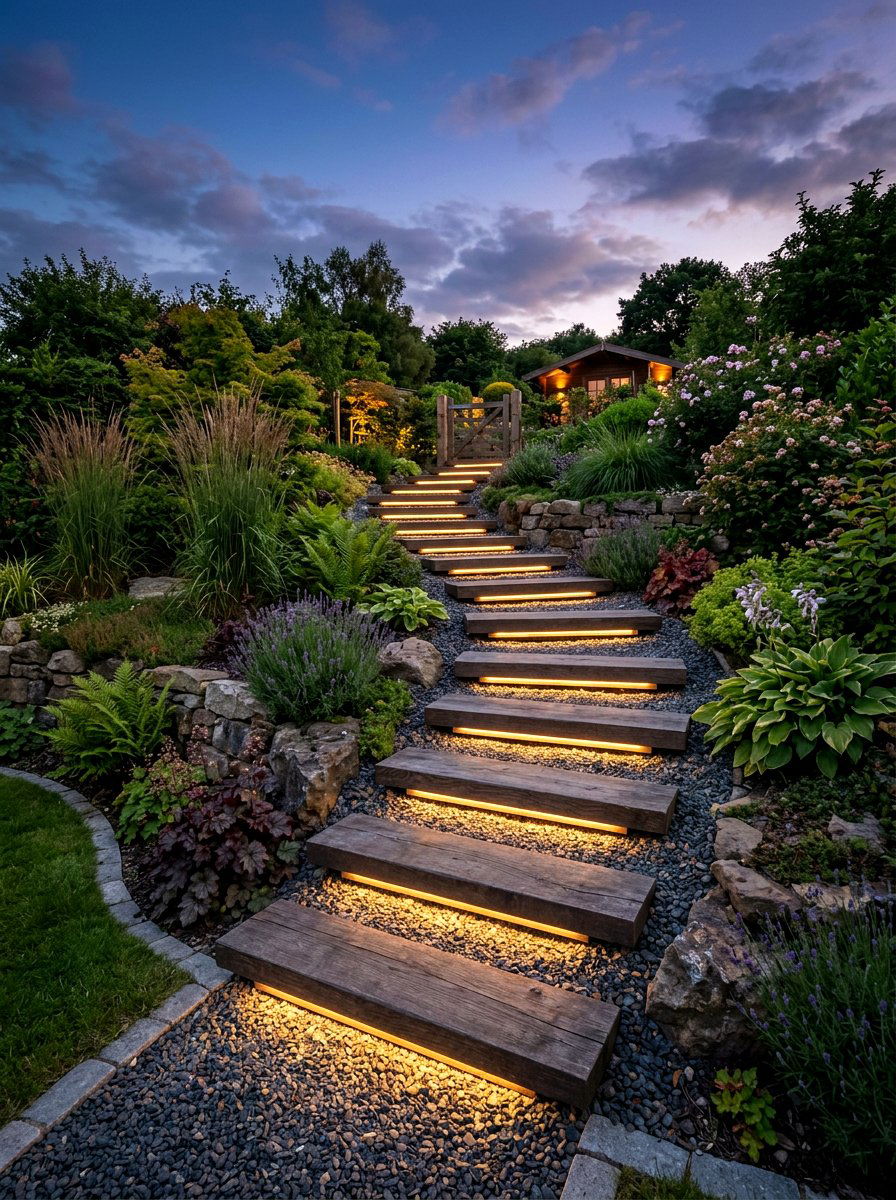 Floating wood garden steps - 30 warm minimalist garden ideas