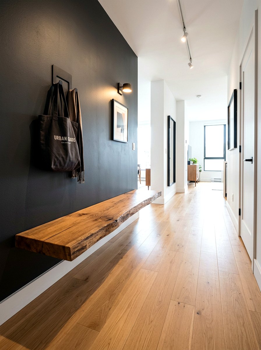 Floating wood hallway bench - 30 sculptural entry bench ideas