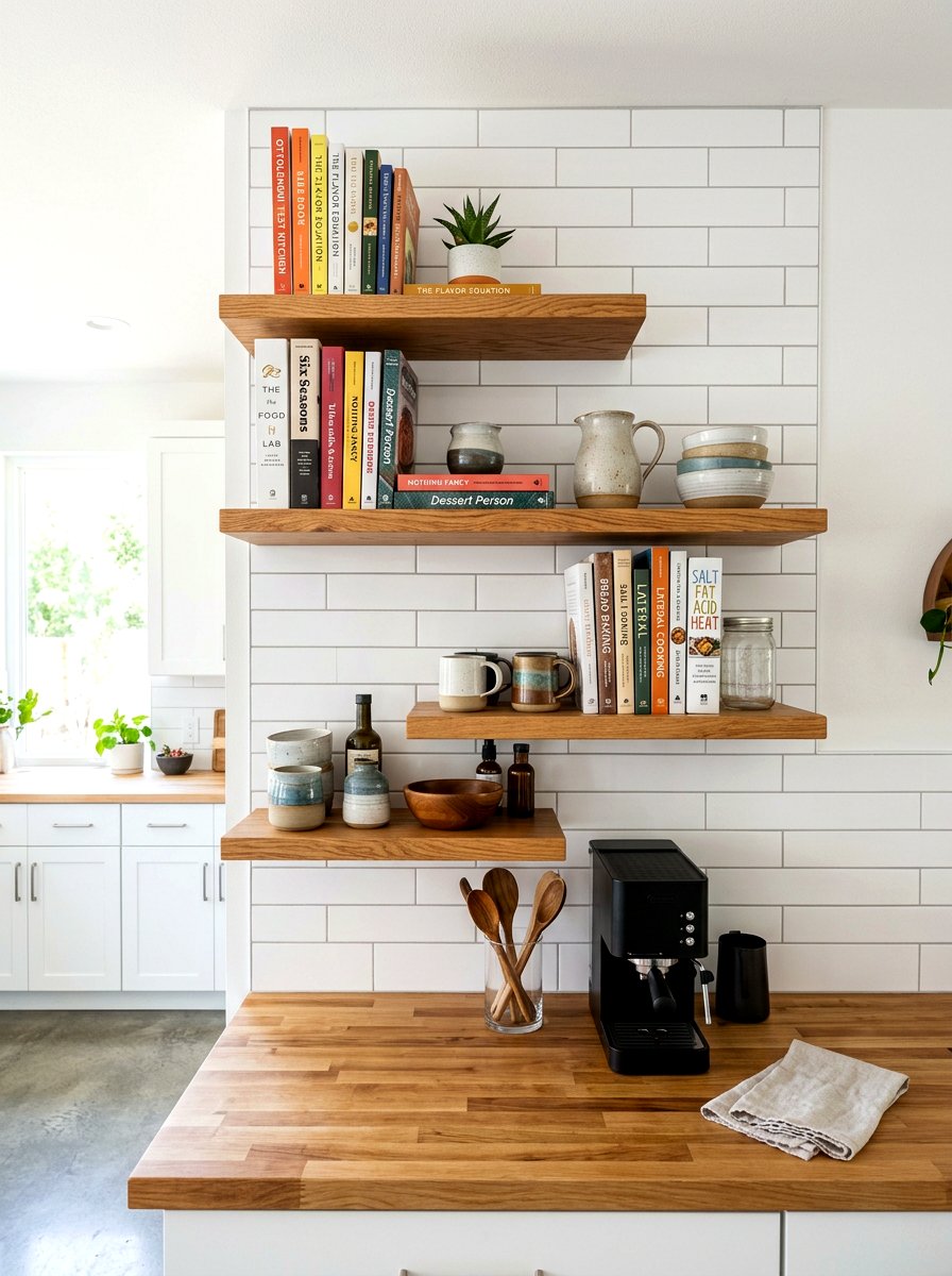 Floating wood kitchen shelf - 30 cookbook shelf kitchen ideas
