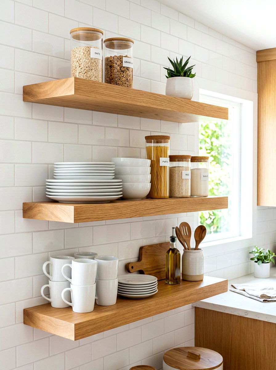 Floating wood pantry shelves - 30 pantry with open shelving ideas