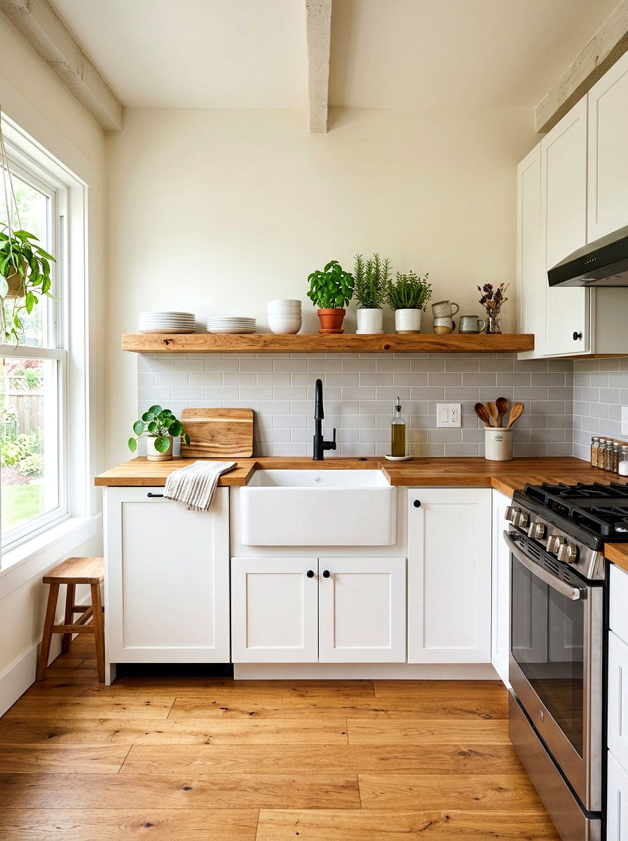 Floating wood shelf - 30 tiny kitchen open shelf ideas