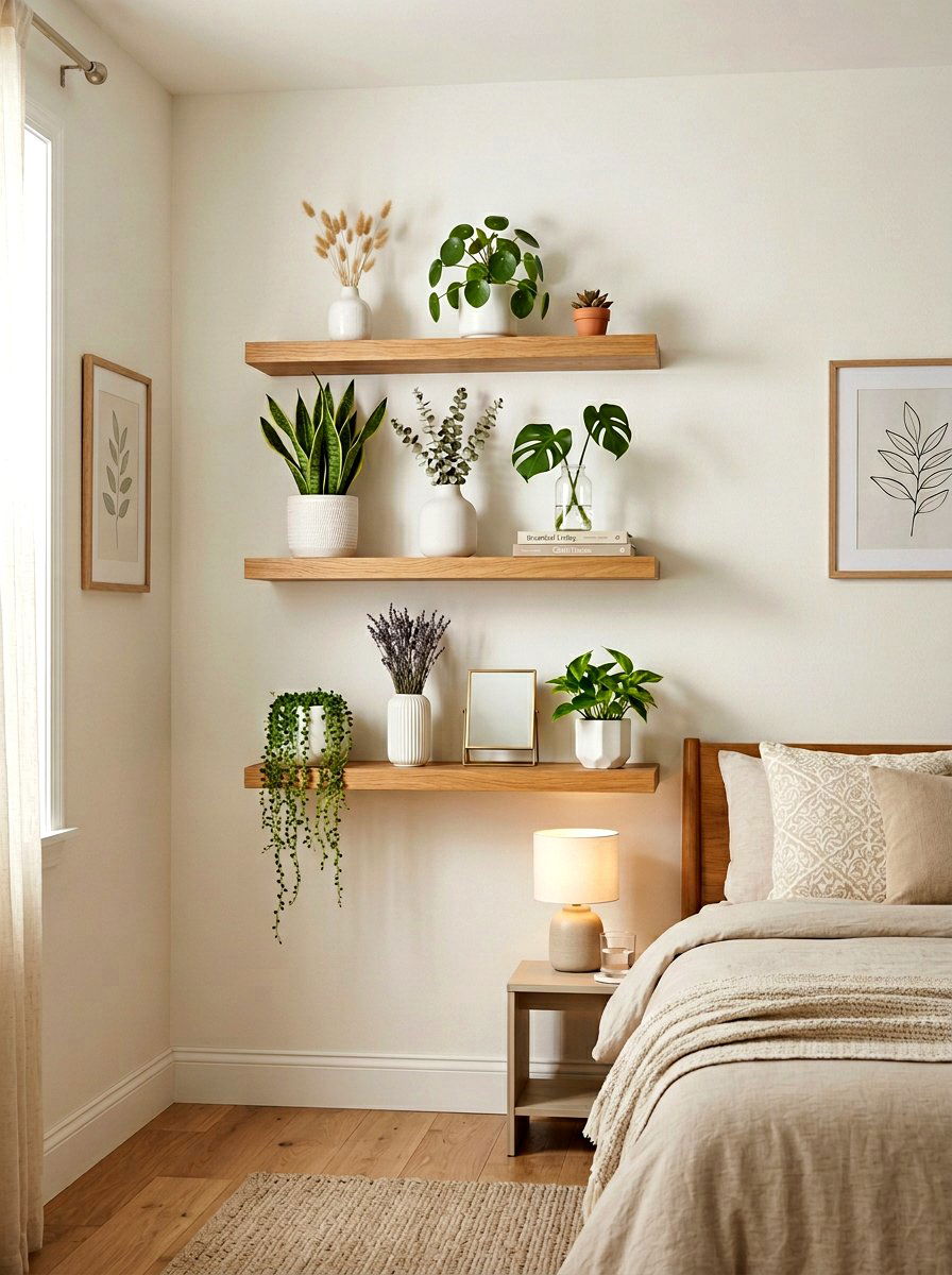 Floating wood shelf garden - 30 apartment vertical garden ideas