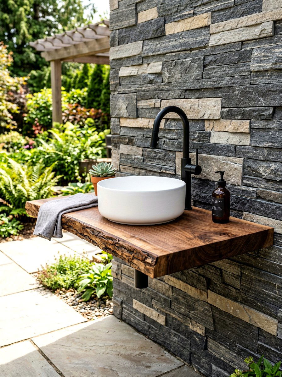 Floating wood shelf outdoor sink - 30 outdoor sink station ideas