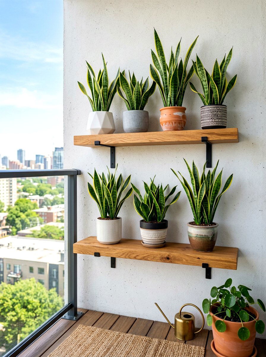 Floating wood shelf planter - 30 balcony planter wall ideas