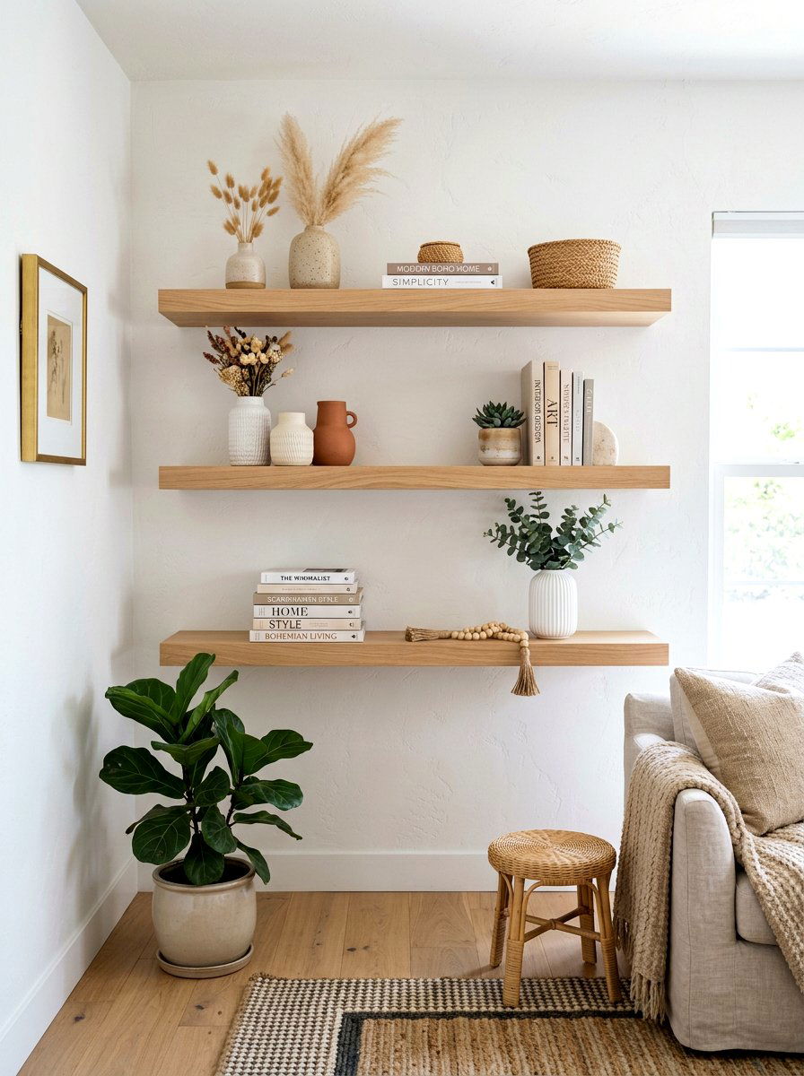Floating wood shelves - 30 office shelving styling ideas