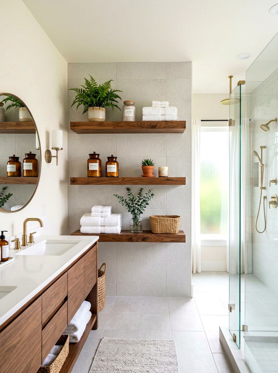 Floating wood shelves - 30 rustic bathroom ideas