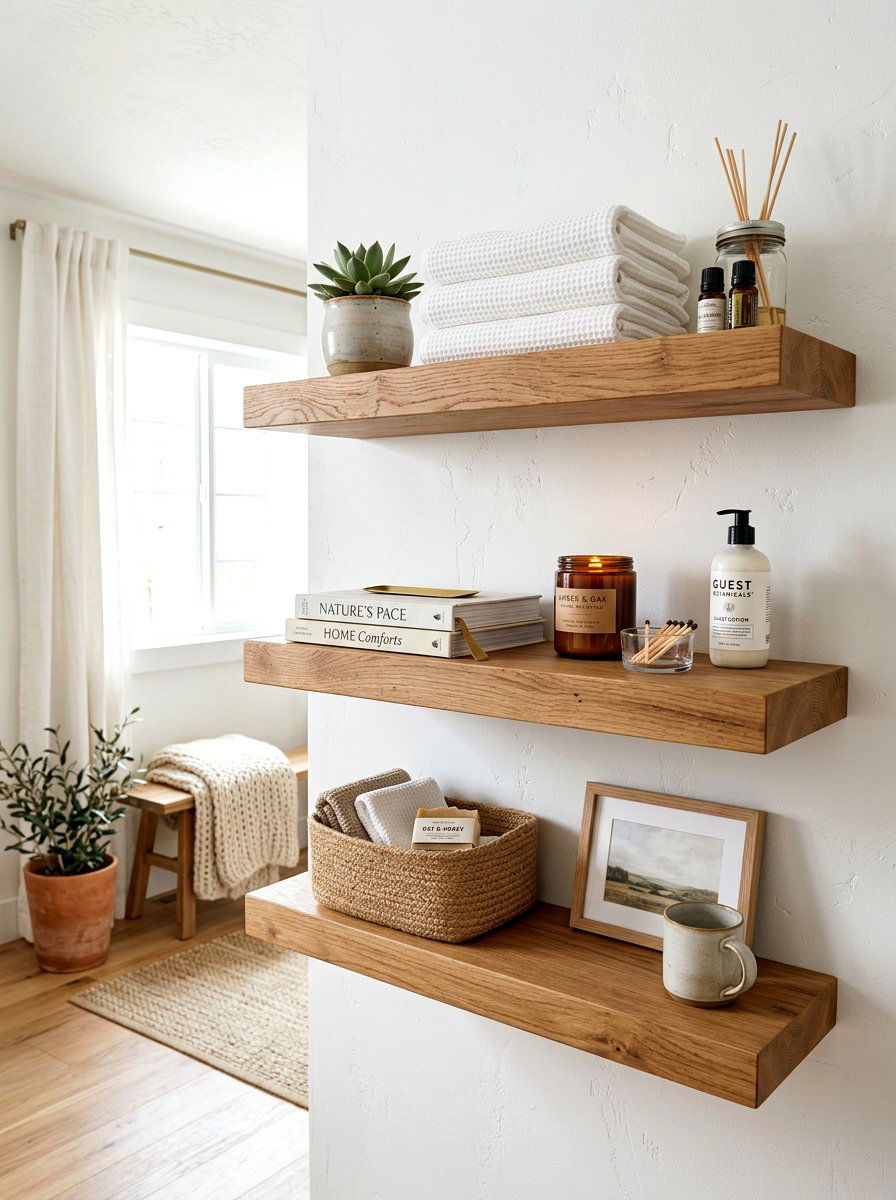 Floating wood shelves - 30 small guest bath decor ideas