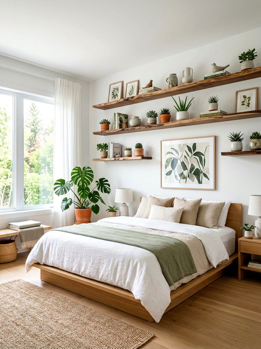 Floating wood shelves - 30 earthy bedroom ideas