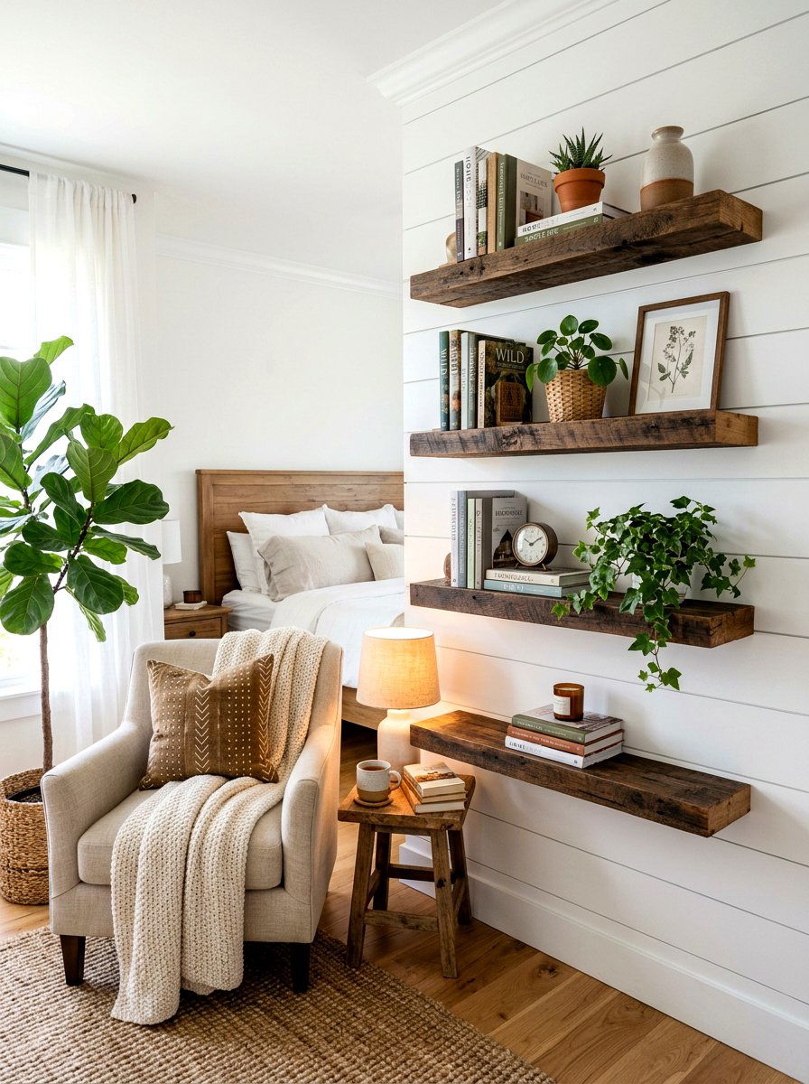 Floating wood shelves - 30 farmhouse bedroom ideas