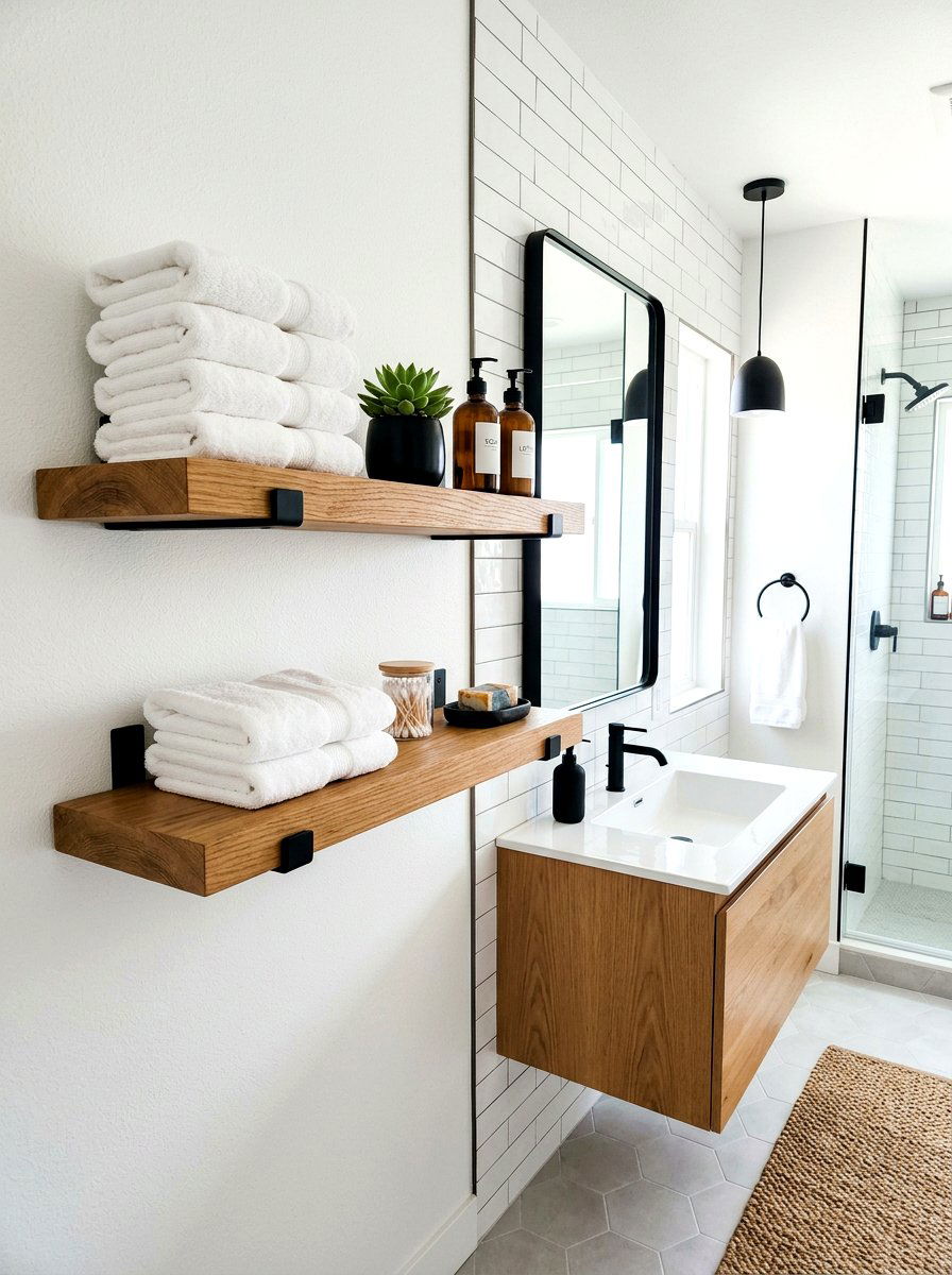 Floating wood shelves bathroom - 30 bathroom wall decor ideas