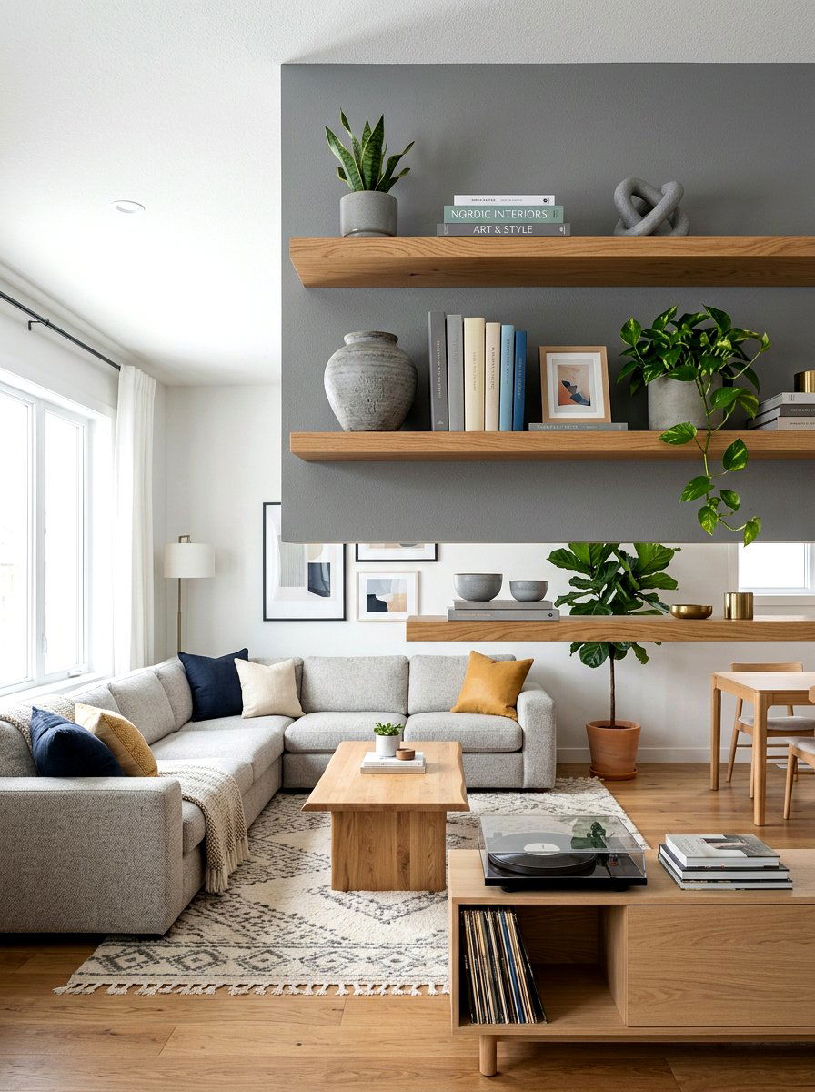 Floating wood shelves on gray wall - 30 warm gray and wood living room ideas
