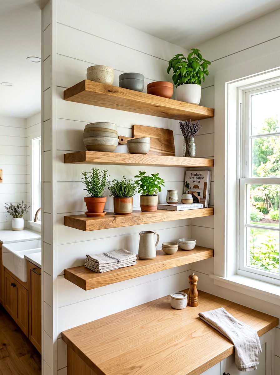 Floating wood shelving - 30 open kitchen shelf ideas