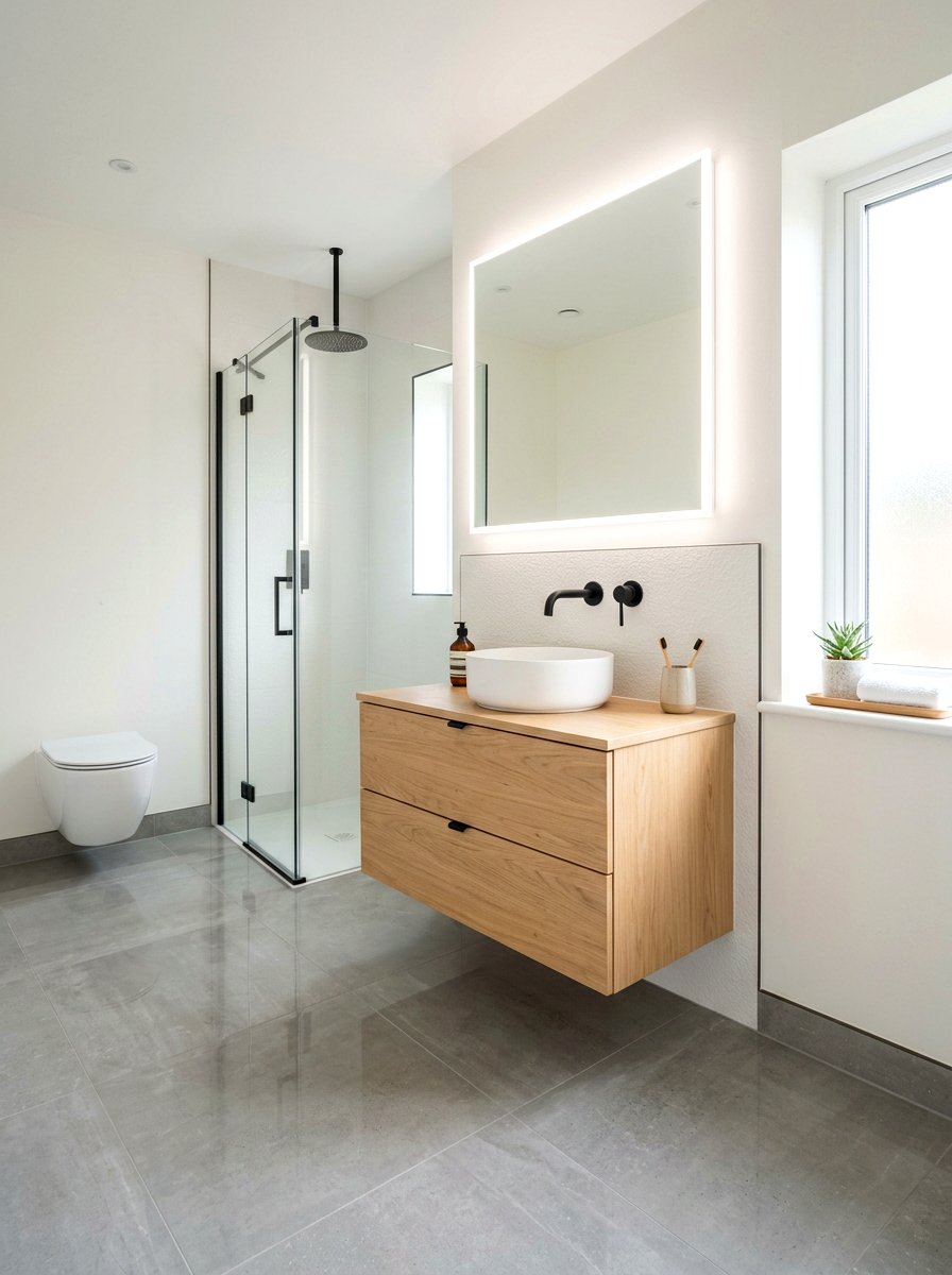 Floating wood vanity - 30 mid century bathroom ideas