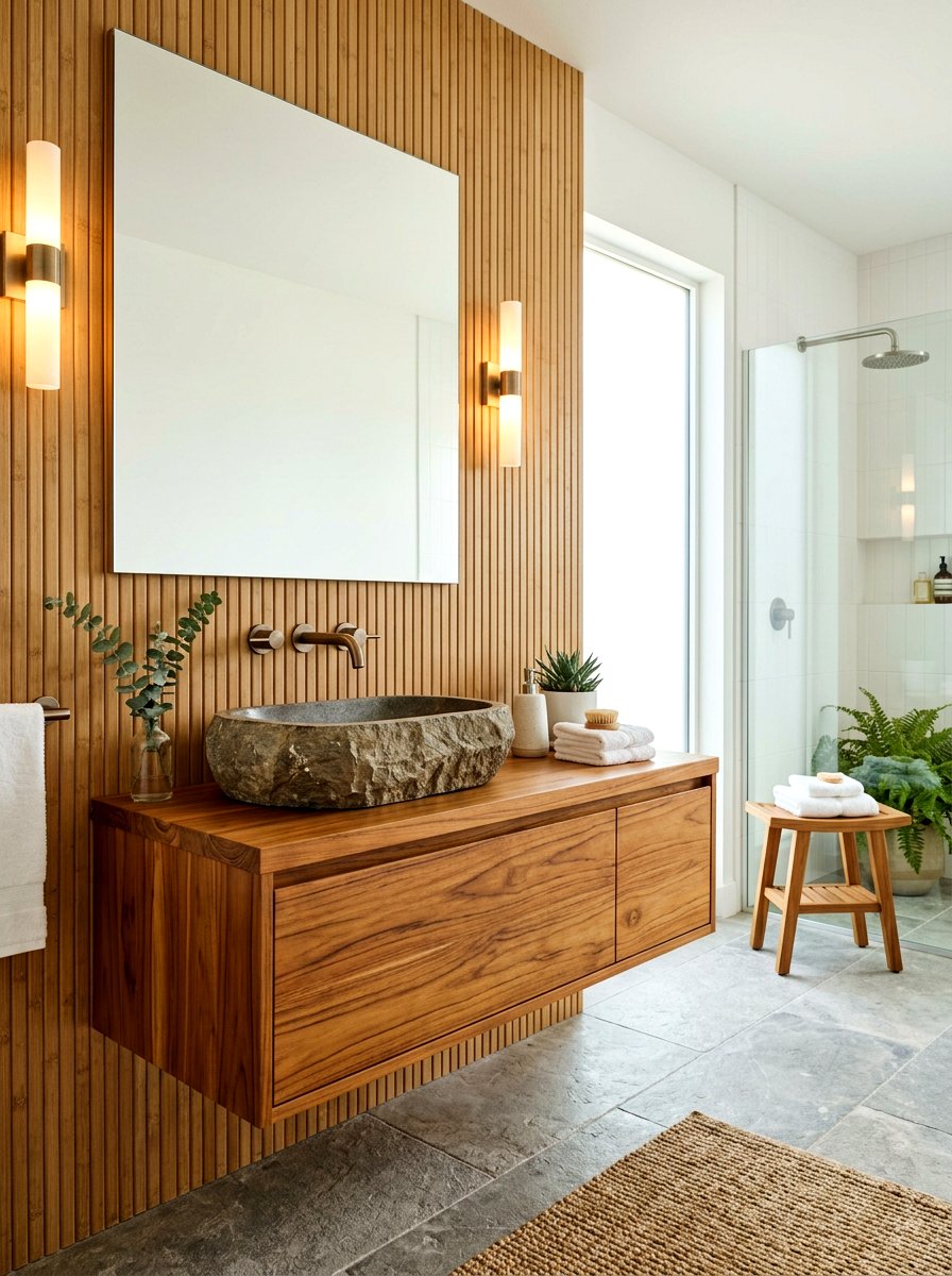 Floating wood vanity stone sink - 30 stone vessel sink ideas