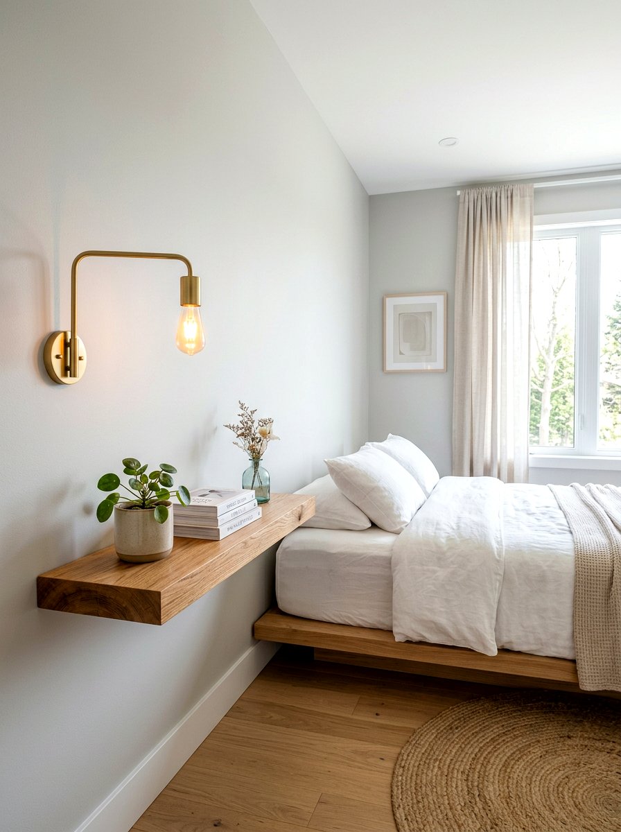 Floating wood wall shelf - 30 guest room nightstand ideas