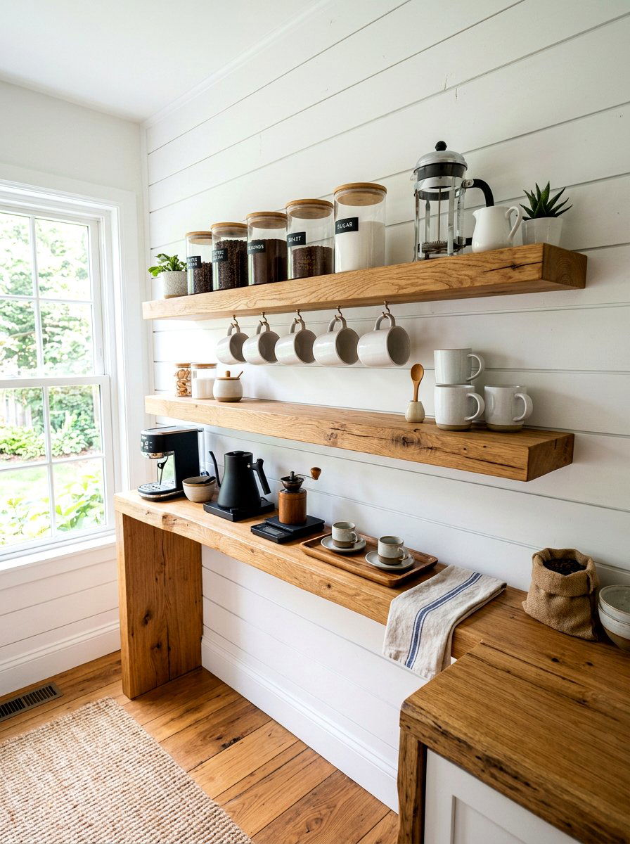 Floating wooden coffee shelves - 30 coffee pantry wall ideas