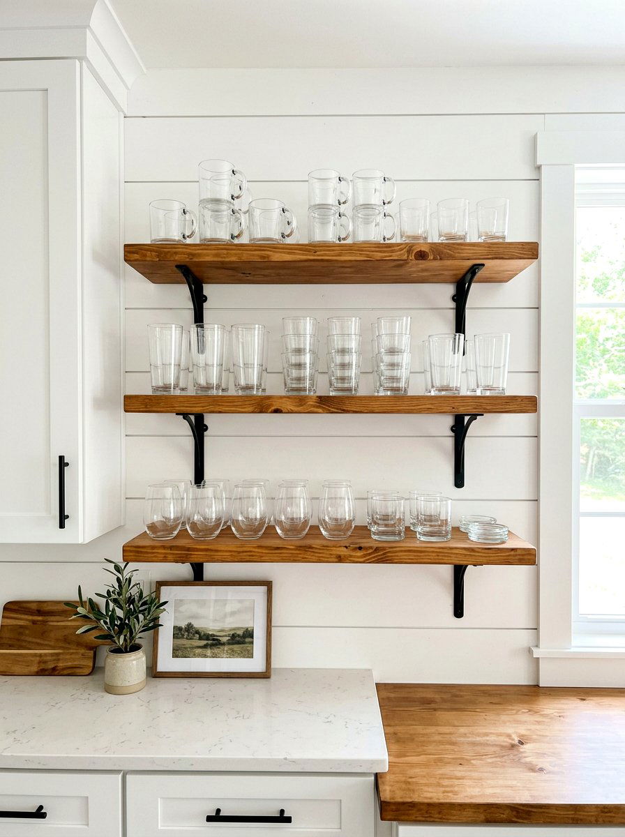 Floating wooden glassware shelf - 30 glassware display ideas
