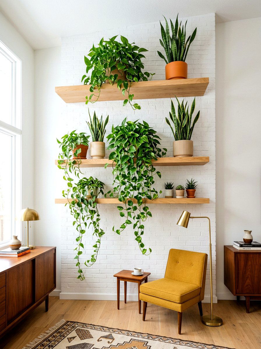 Floating wooden plant shelf - 30 indoor plant wall ideas