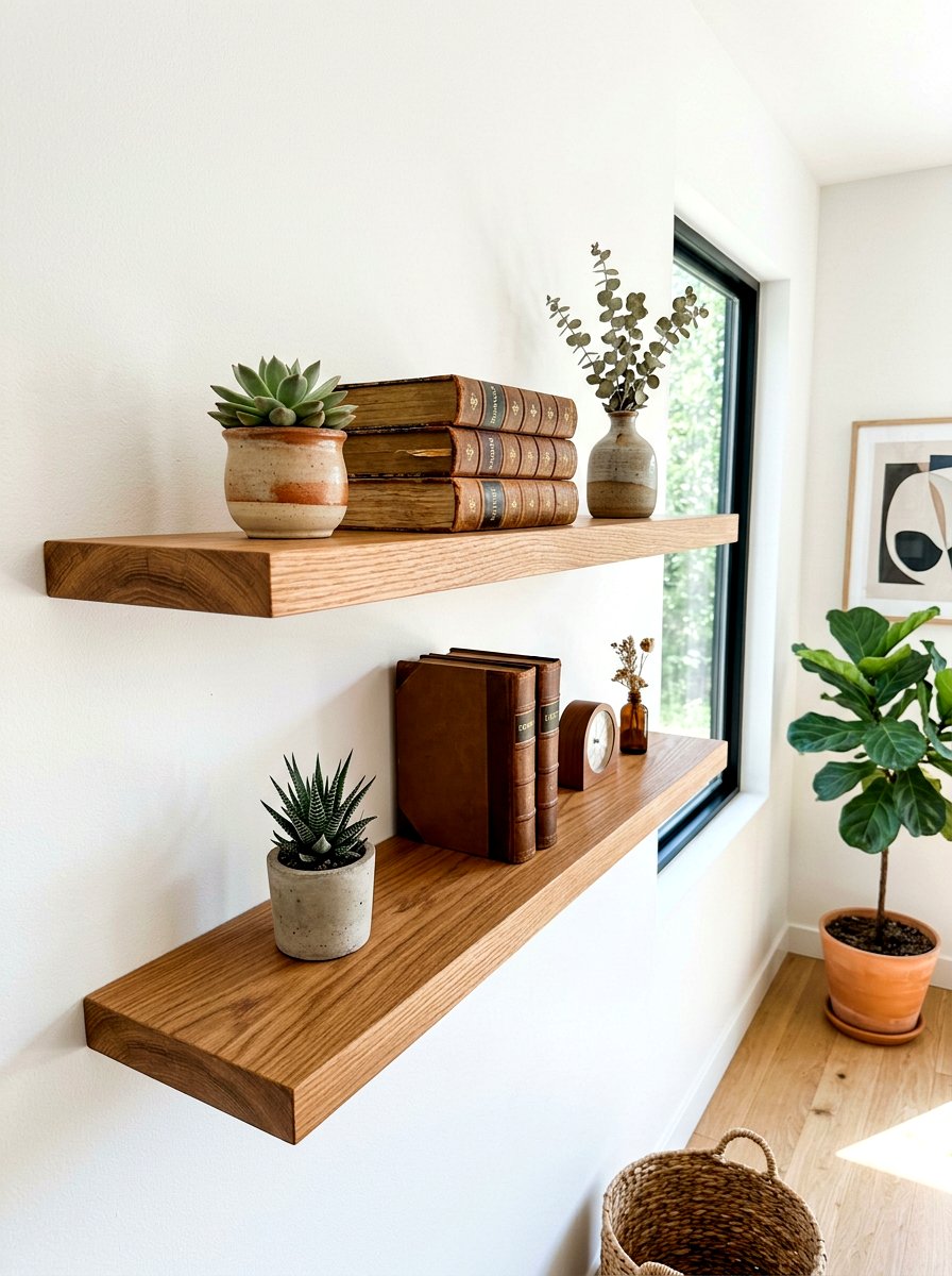 Floating wooden shelf - 30 minimalist bedroom storage ideas