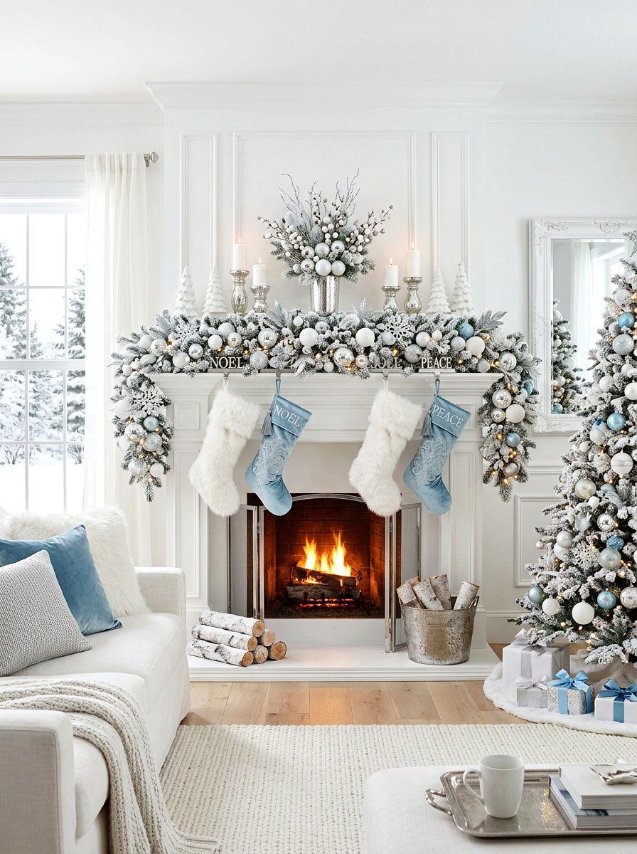 Flocked Greenery Mantel - 30 winter mantel decor ideas