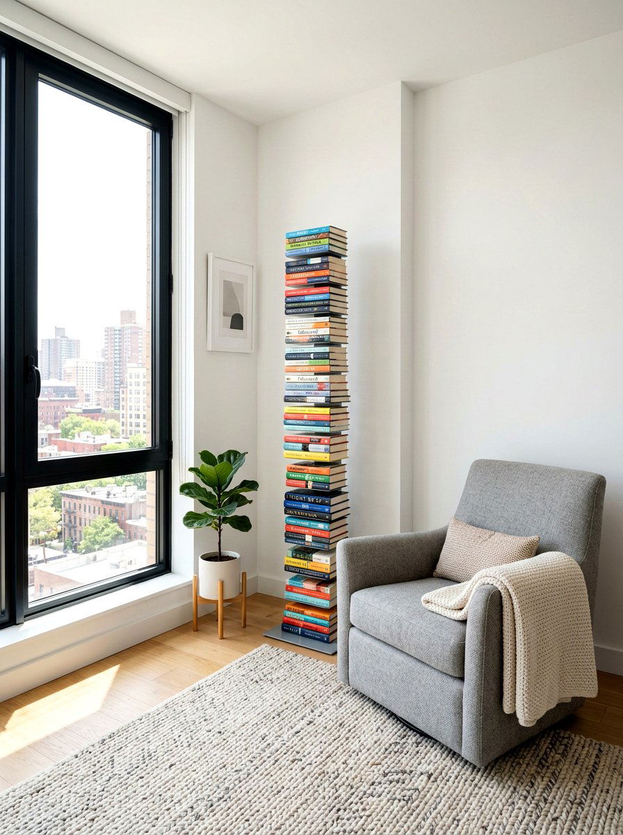 Floor Book Tower - 30 stacked books decor ideas