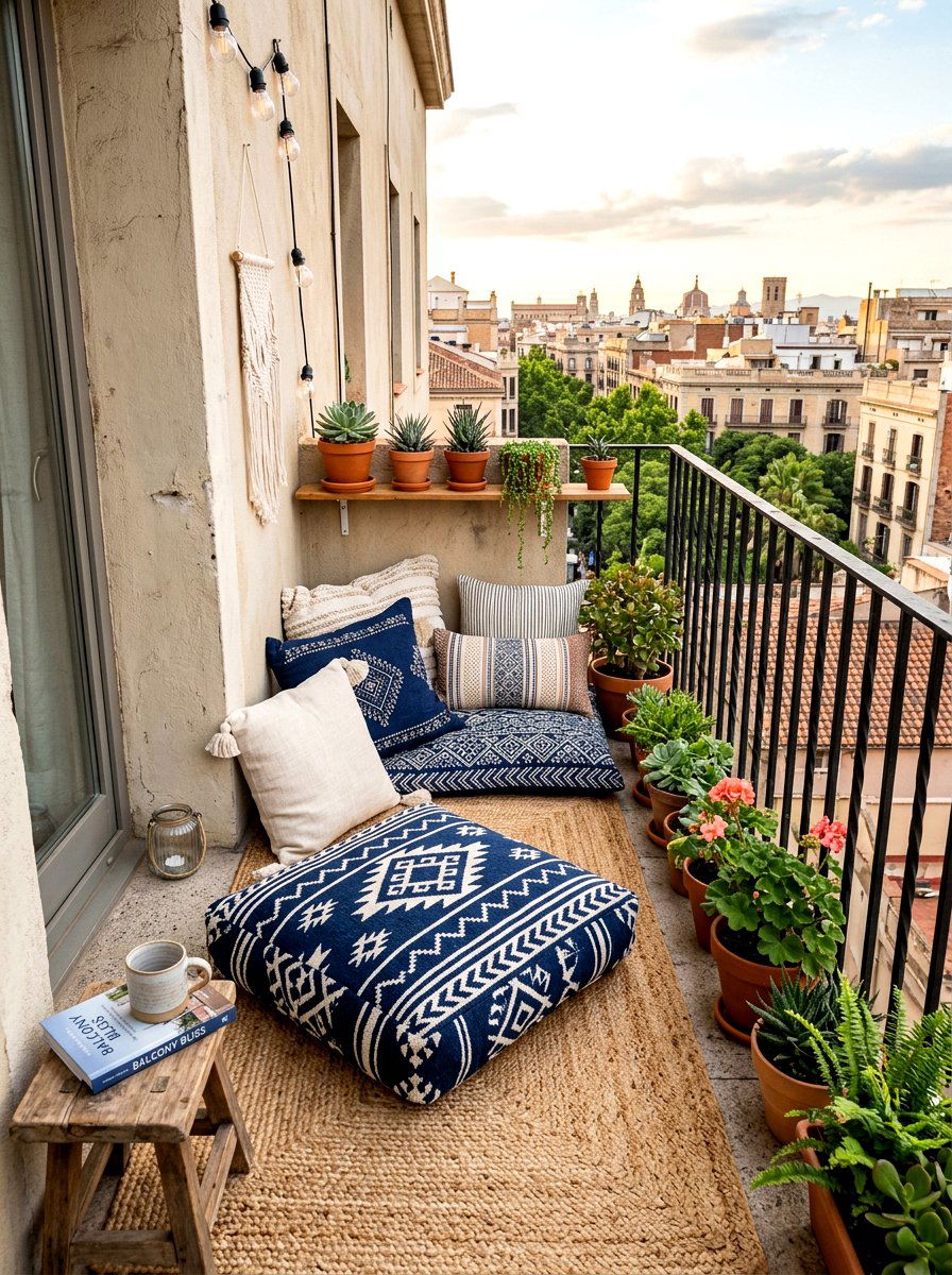Floor Cushions And Pillows - 30 tiny balcony seating ideas