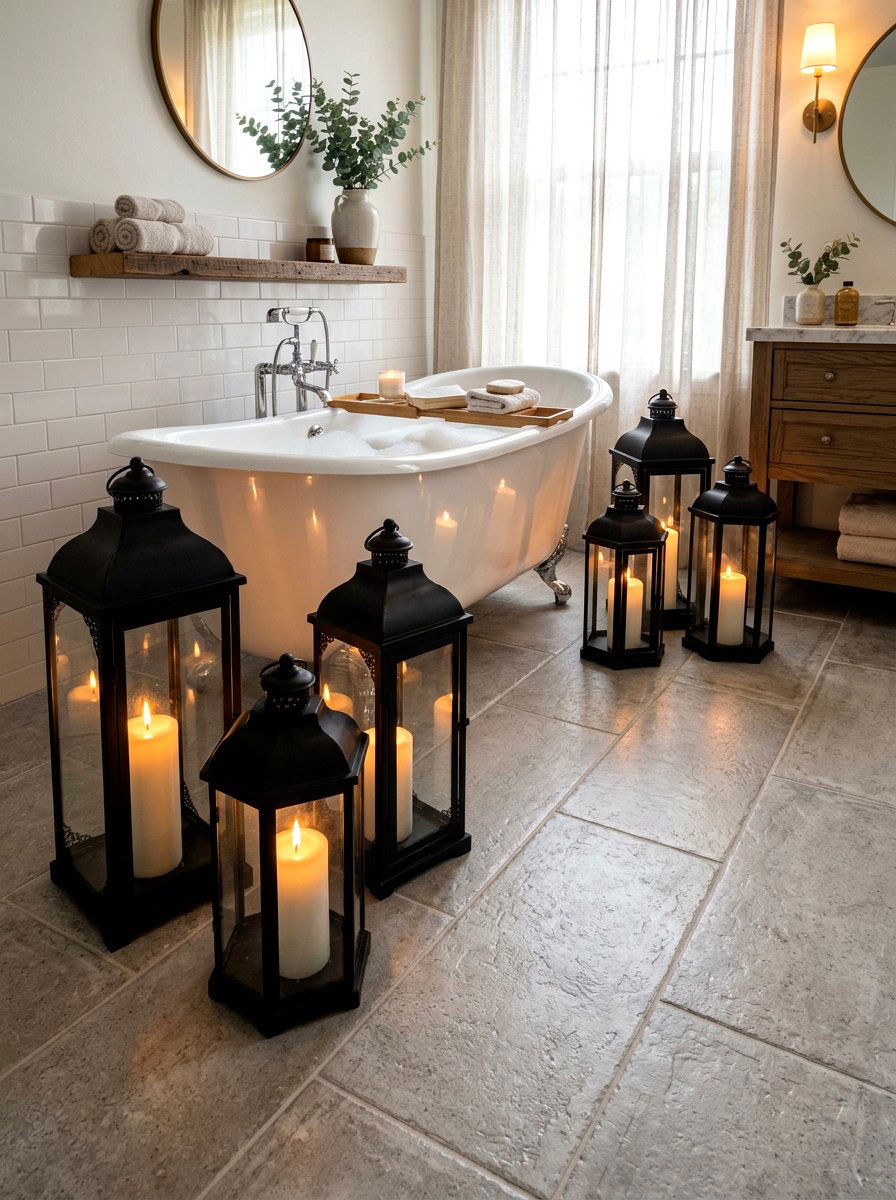 Floor Lantern Lighting - 30 winter bathroom styling ideas