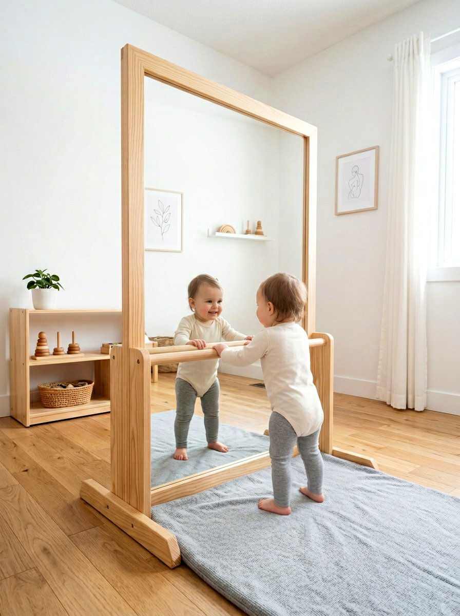 Floor Mirror With Wooden Pull Up Bar - 30 Montessori playroom ideas
