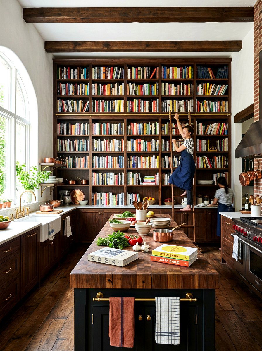 Floor To Ceiling Cookbook Storage - 30 library kitchen ideas