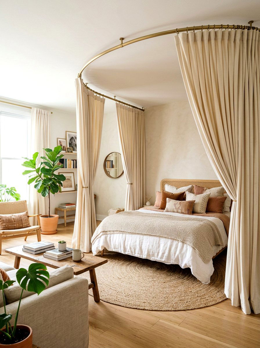 Floor To Ceiling Curtain Bed - 30 studio sleeping nook ideas