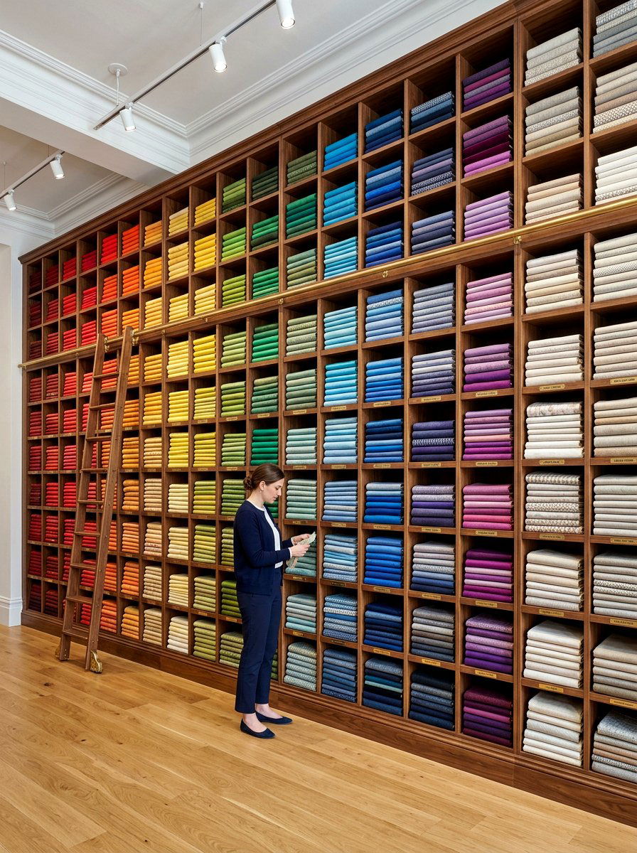 Floor To Ceiling Fabric Shelving - 30 sewing room ideas