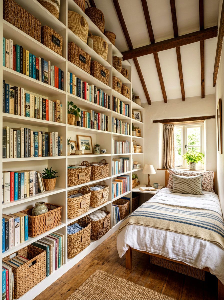 Floor To Ceiling Shelving - 30 tiny cottage bedroom ideas