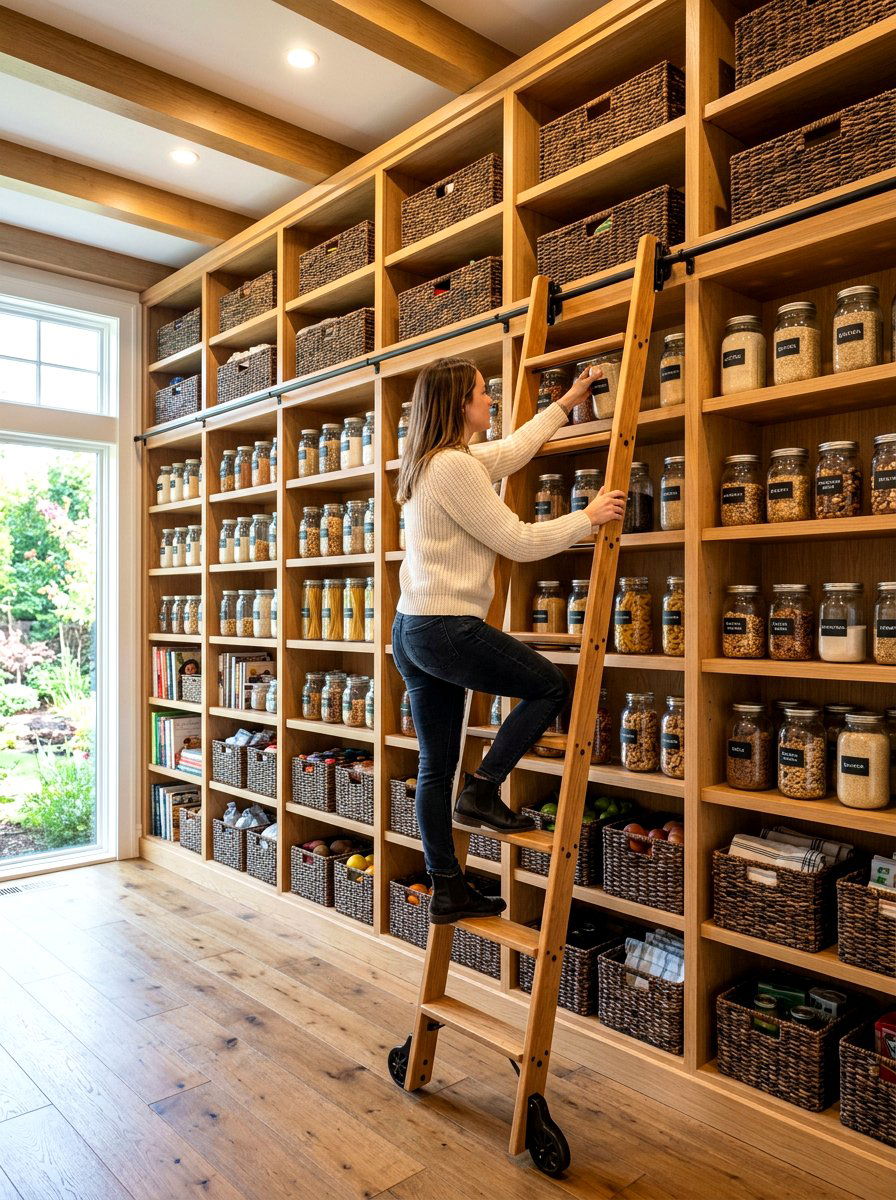 Floor To Ceiling Shelving With Oak Ladder - 30 pantry with library ladder ideas