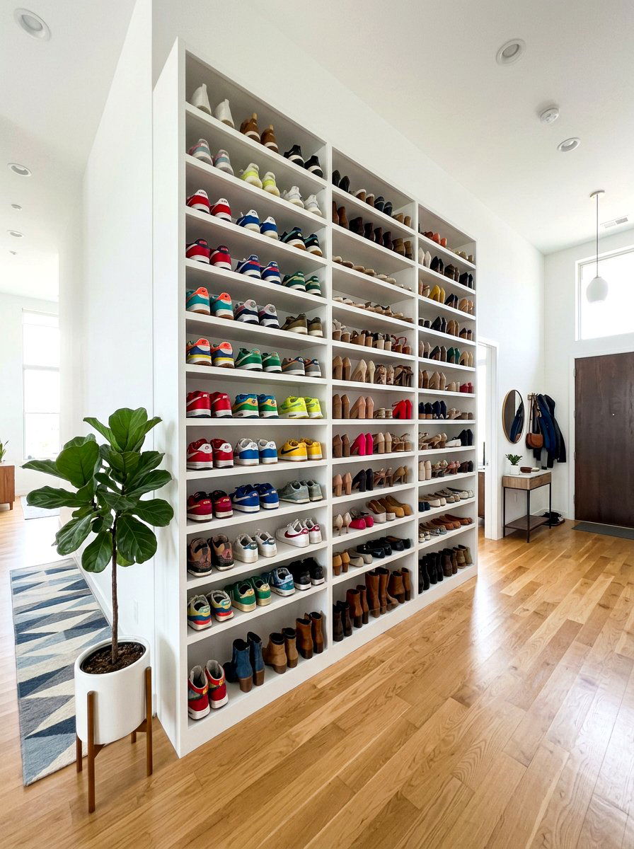 Floor To Ceiling Shoe Shelves - 30 apartment shoe wall ideas