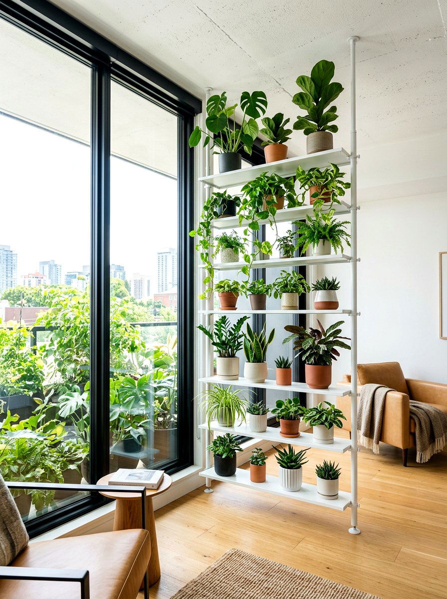 Floor To Ceiling Tension Shelf - 30 bedroom plant shelf ideas