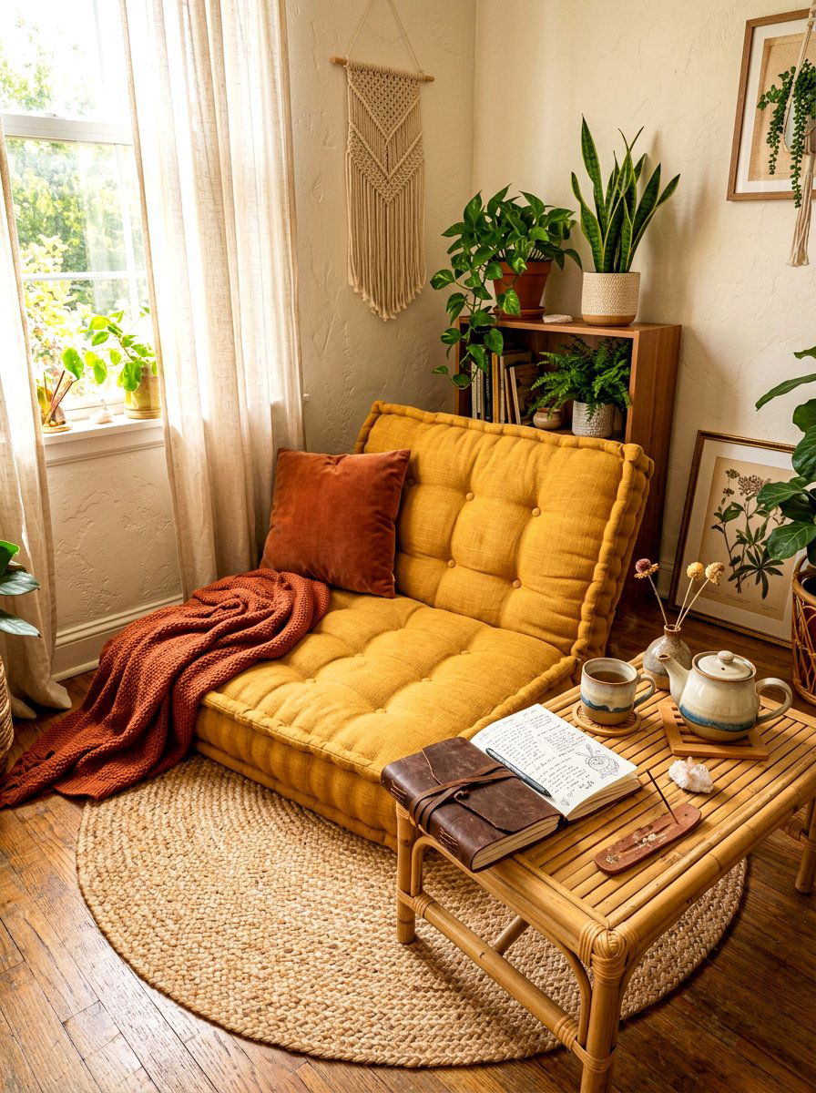 Floor cushion journaling corner - 30 tea and journaling corner ideas